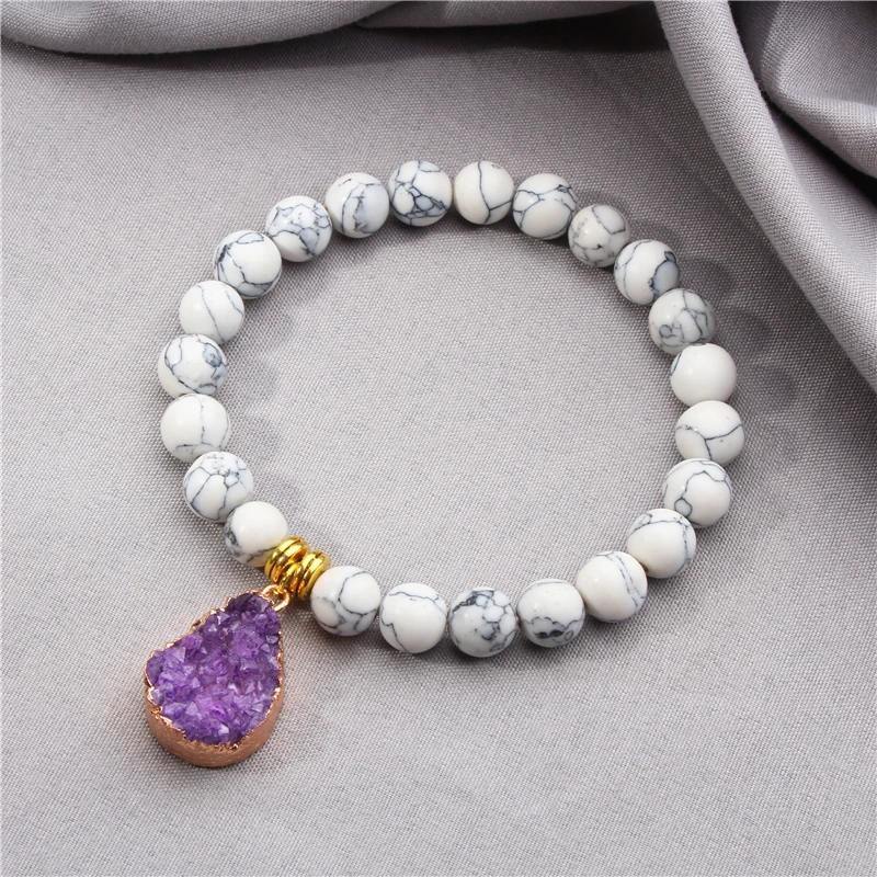 Druzy Agates Pendant Bracelets Women Natural 8 mm Smooth White Turquoises Beads Bracelets For Girls Friendship Bracelet Jewelry