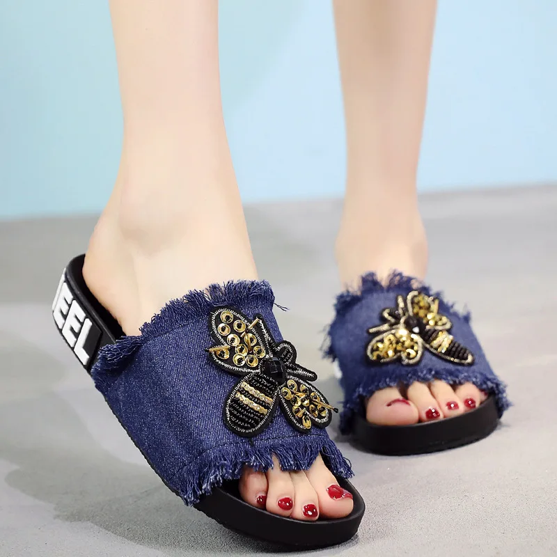 Синий Sandalia feminina; Модные женские домашние тапочки из джинсовой ткани; sapato feminino chaussures femme; пляжные вьетнамки на платформе; c575 - Цвет: Синий