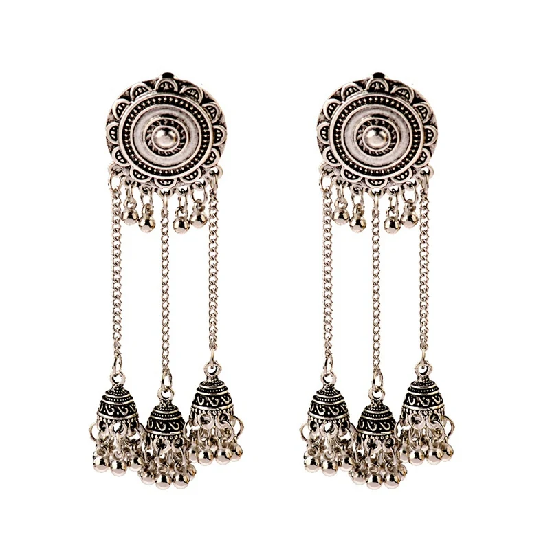 HXE112-2 OIQUEI индийские серьги Jhumka ювелирные изделия для женщин Бохо этнические винтажные круглые резные Большие колокольчики длинные висячие серьги с кисточкой - Окраска металла: HXE112-2