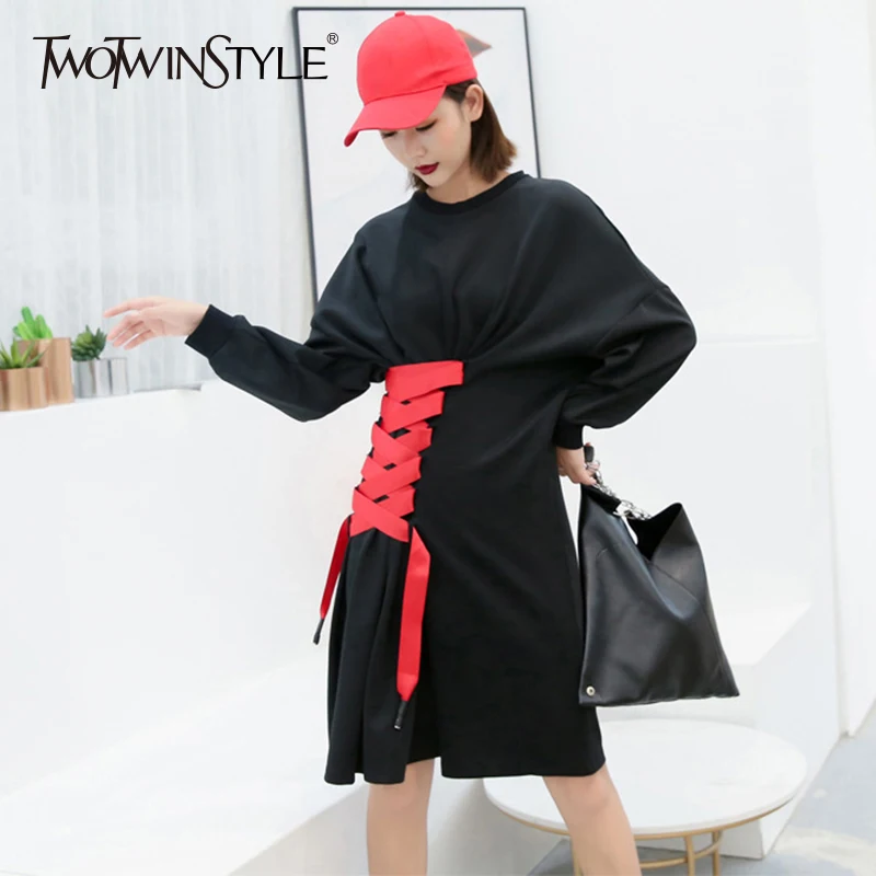 TWOTWINSTYLE ТРАПЕЦИЕВИДНОЕ ПЛАТЬЕ для женщин с высокой талией рукавом летучая мышь