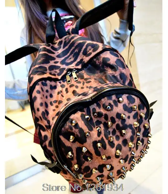 2015 hot canvas women backpack leopard print school bag rivet shoulder female travel bookbag for teenagers | Багаж и сумки