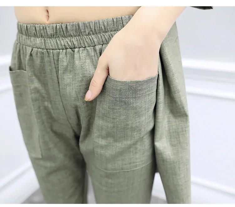 

2019 new women's two-piece sets pants set cotton linen suit tops V-neck nine pant Elastic waist casual feminine suits qualities