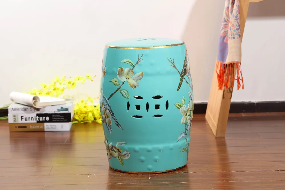 Синяя антикварная китайская декоративная керамическая табуретка для сада на