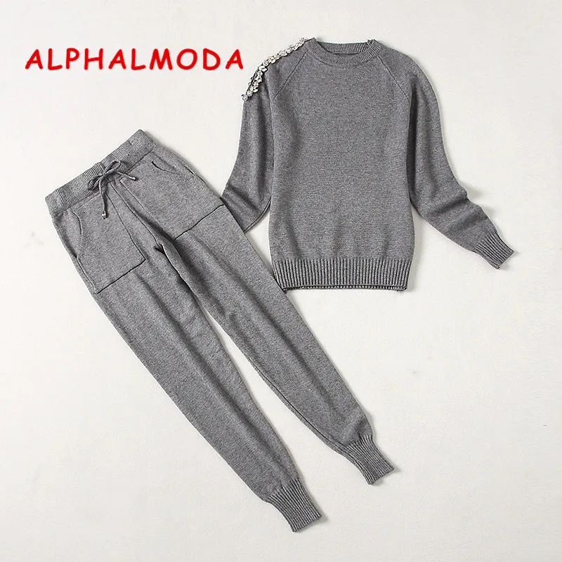 ALPHALMODA 2018 зимний трендовый Женский трикотажный костюм со штанами с бриллиантовой