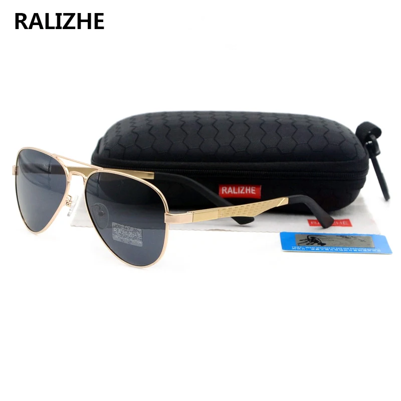 

RALIZHE Brand Mens Womens Vintage Polarized Designer Sunglasses HD TAC UV400 Black Lens Aviation Gold Metal Sun Glasses Sport