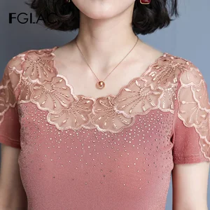 Женская футболка, Новые поступления 2021, летние сетчатые Топы с коротким рукавом, модные повседневные женские топы с вырезами, кружевная рубашка в стиле пэчворк