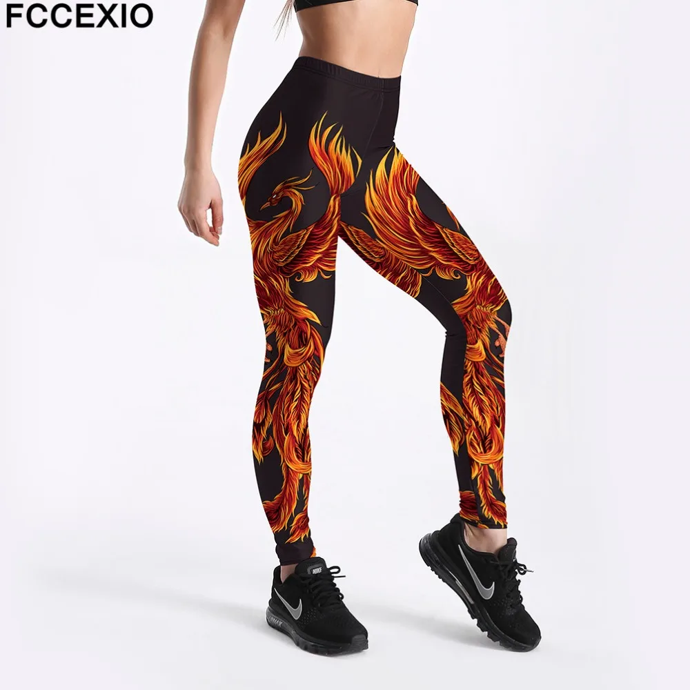 

FCCEXIO Whosale Women Workout Leggings High Waist Fitness Legging Fire Phoenix Print Leggins Female Leg Pants Legging