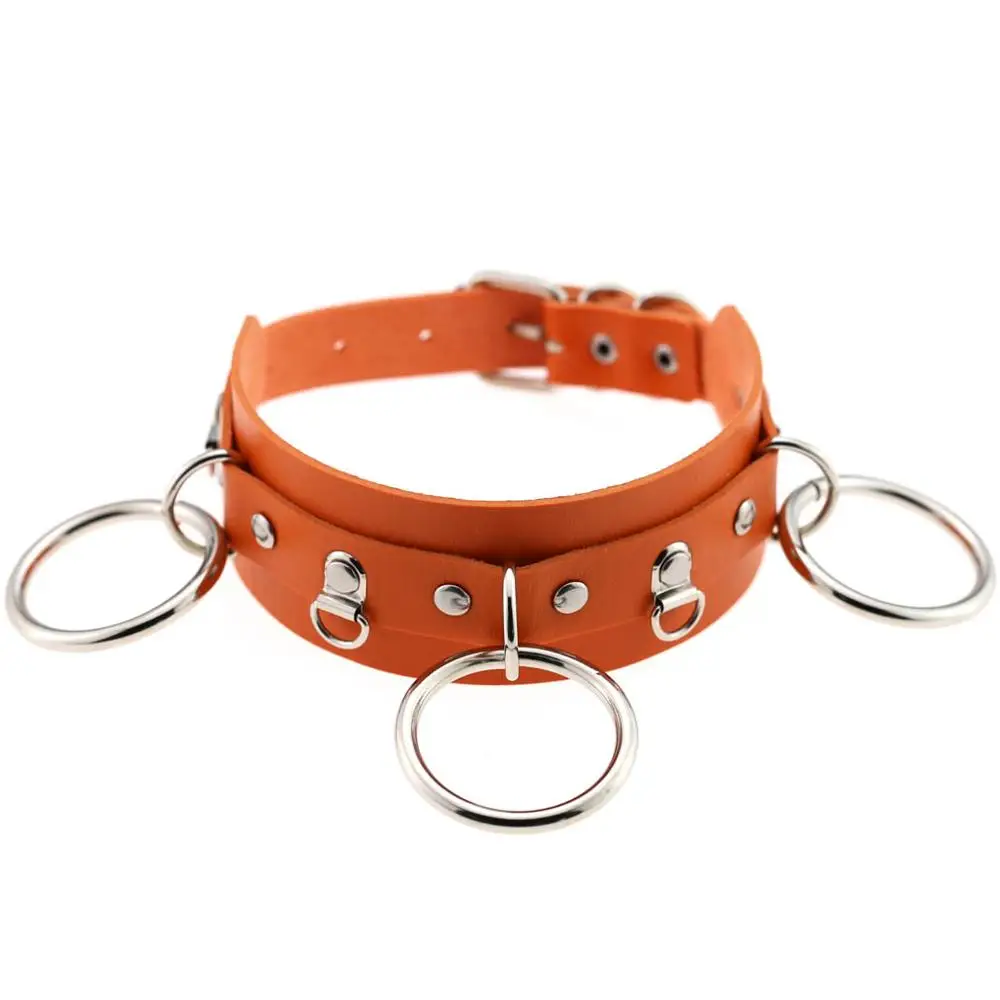 orange Женское, мужское, готическое, сексуальное, из искусственной кожи, 3 кольца, связывание, рабыня, воротник, фетиш, БДСМ, уплотнительное кольцо, колье - Окраска металла: orange