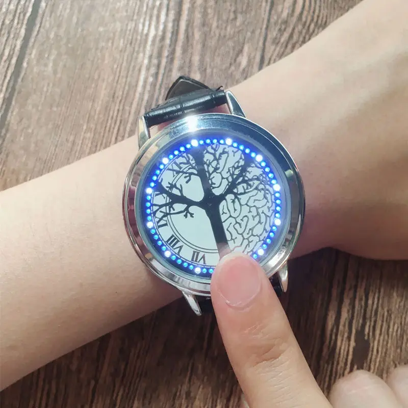 silver tree Крутой дизайн, мужские часы, нержавеющая сталь, кожа, кварцевые, сенсорный экран, умные, электронные, montre homme, светодиодный, наручные часы для мужчин - Цвет: silver tree