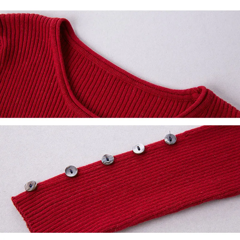 

Women Slim Knitted Bottoming Sweater High Elastic Button Sleeves Lady Casual O-Neck Jumper Female Spring Sweaters Autumn Blouses