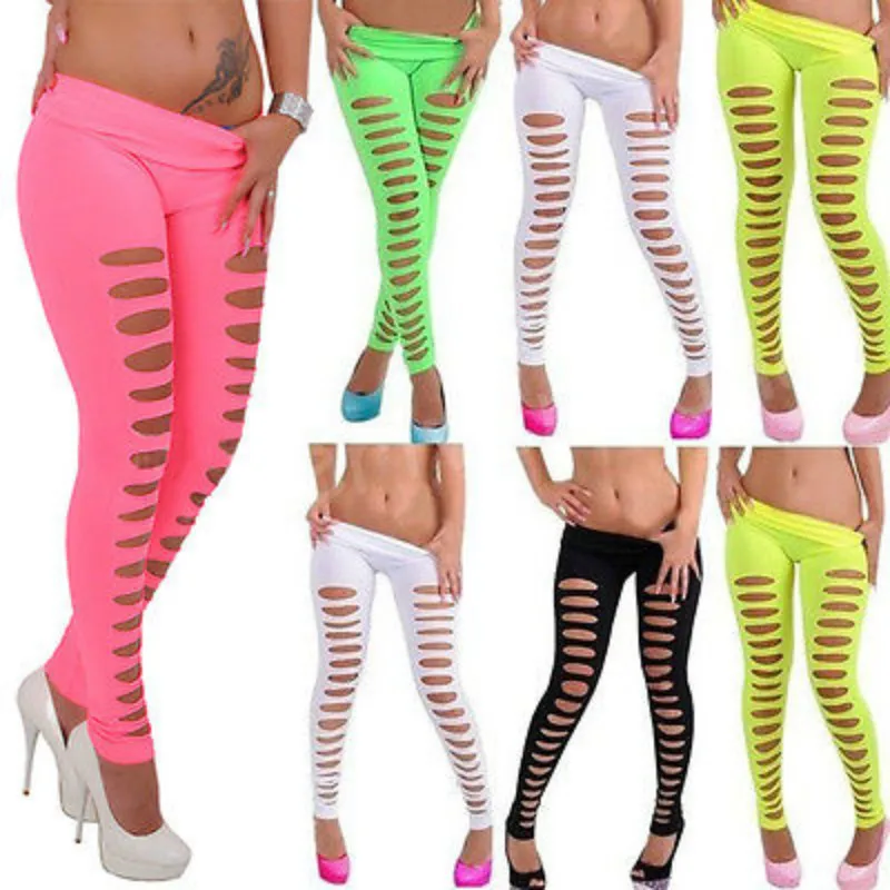 

Women Punk Disco Sexy Candy Color Skiny Slim Hole Pencil Pants Stretch Pants