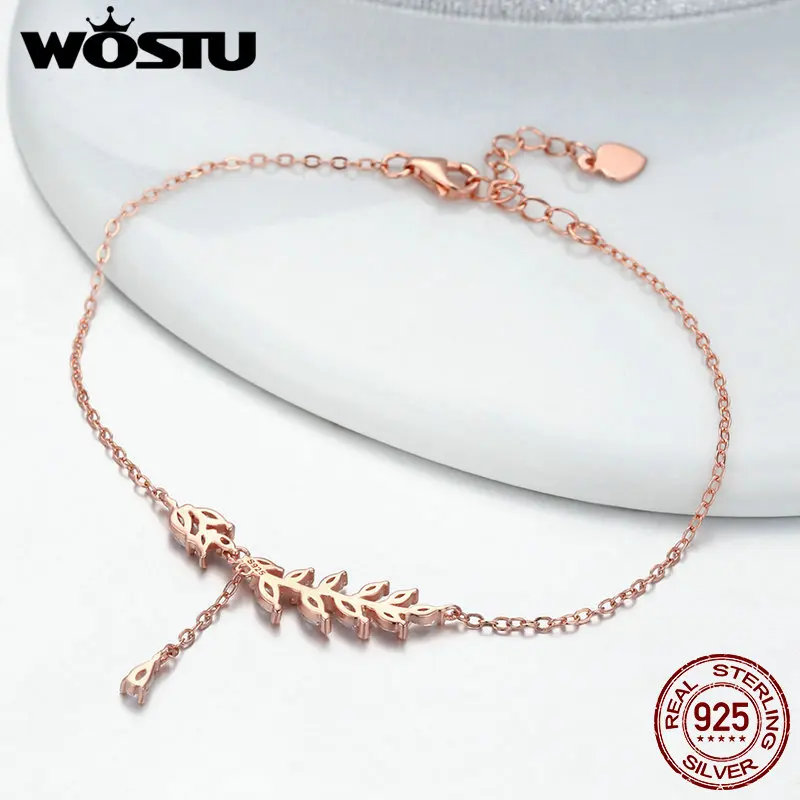 WOSTU Популярные 925 пробы серебро розовое золото дерево Листья Лист цепи звено женский браслет с застежкой Лобстер ювелирные изделия регулируемый CQB049