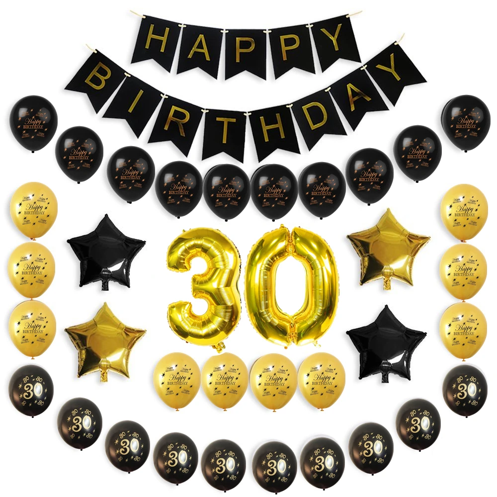 ZLJQ с днем рождения баннер 30th день шары золотой и черный латексный шар идеальный 30