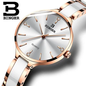 Женские кварцевые часы BINGER из натуральной швейцарской стали, с керамическим ремешком, модные повседневные водонепроницаемые женские часы под платье