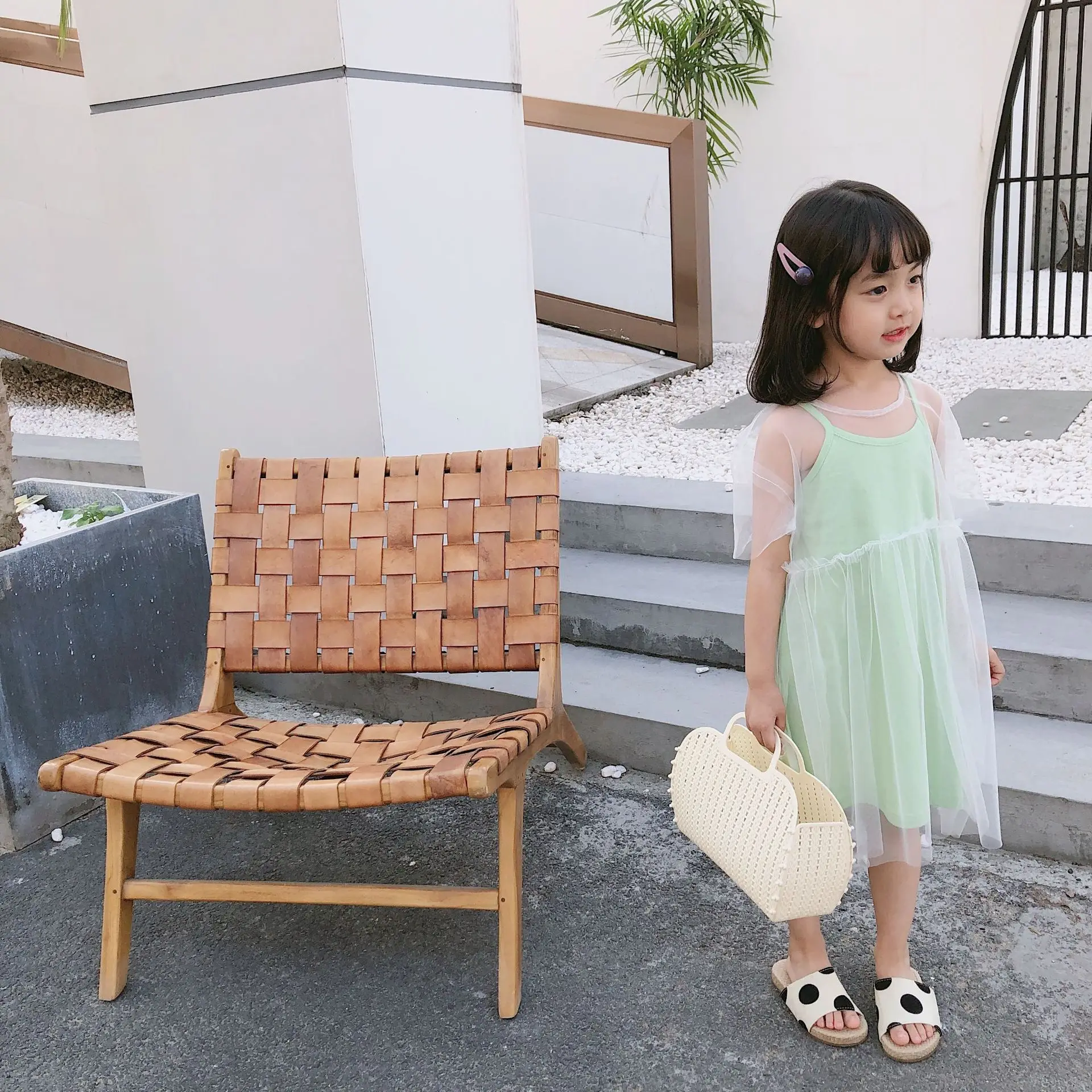 Summer Korean style sleevless solid color slip dress + mesh smock 2pcs suits for cute girls fashion casual dresses | Детская одежда и
