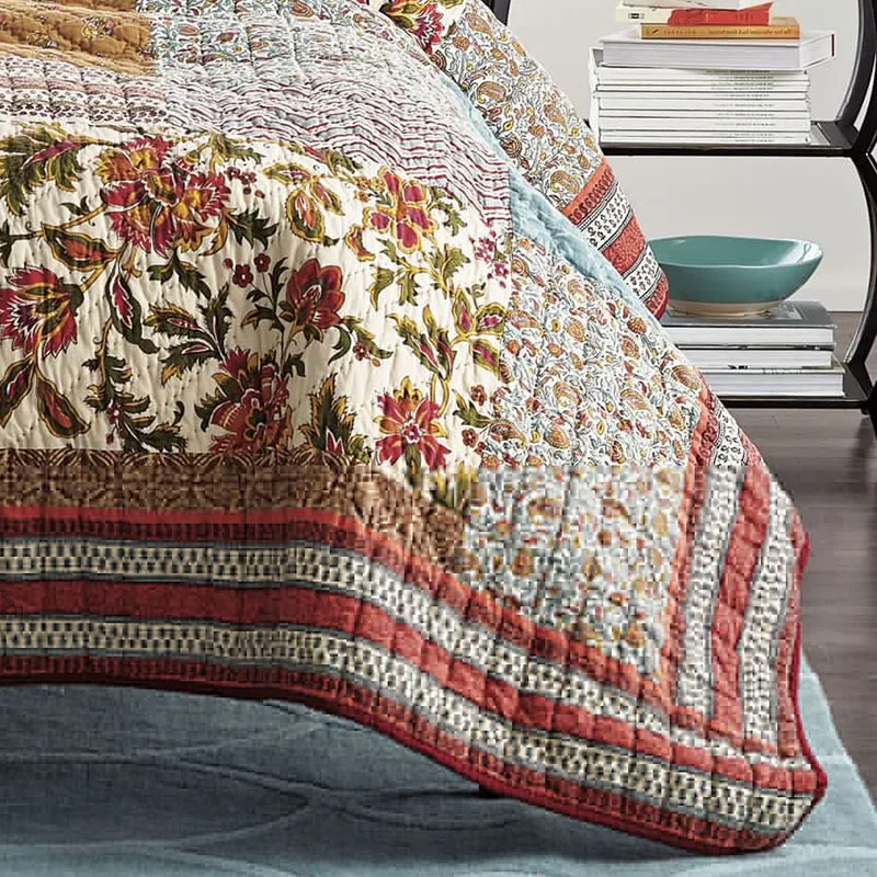 

Handmade Patchwork Quilt Set 3-Pieces 100% Cotton Thick Bedspread For Double Bed King Size Blanket