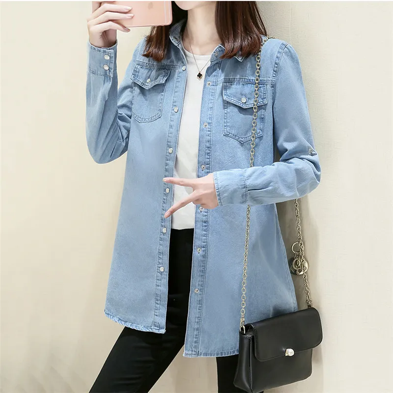 Джинсовая рубашка весна осень длинный рукав большой размер S 3XL тонкая женская