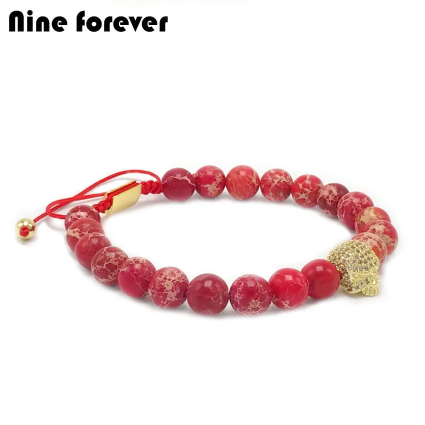 

Nine forever Fashion skull jewelry 8mm Natural Red Varisit Stone with full White Zircon Skull Macrame Bracelet Customize