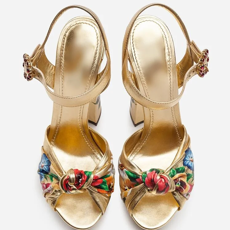 

New Arrivals Floral-Print Metallic Leather Platform Sandals Knotted Strap Block Heel Ladies Sandal Crystal Buckle Banquet Shoes