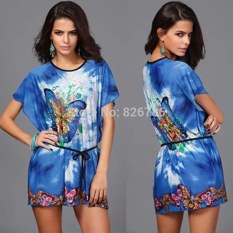 New bohemian summer women dress fashion butterfly printed milk silk causal lady batwing sleeve plus size loose beach | Женская одежда