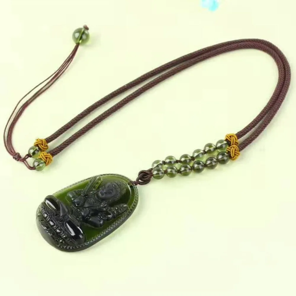 2 Natural Czech Moldavite green aerolites Carved Buddha Lucky Amulet Pendant crystal energy apotropaic free rope Unique Necklace | Украшения