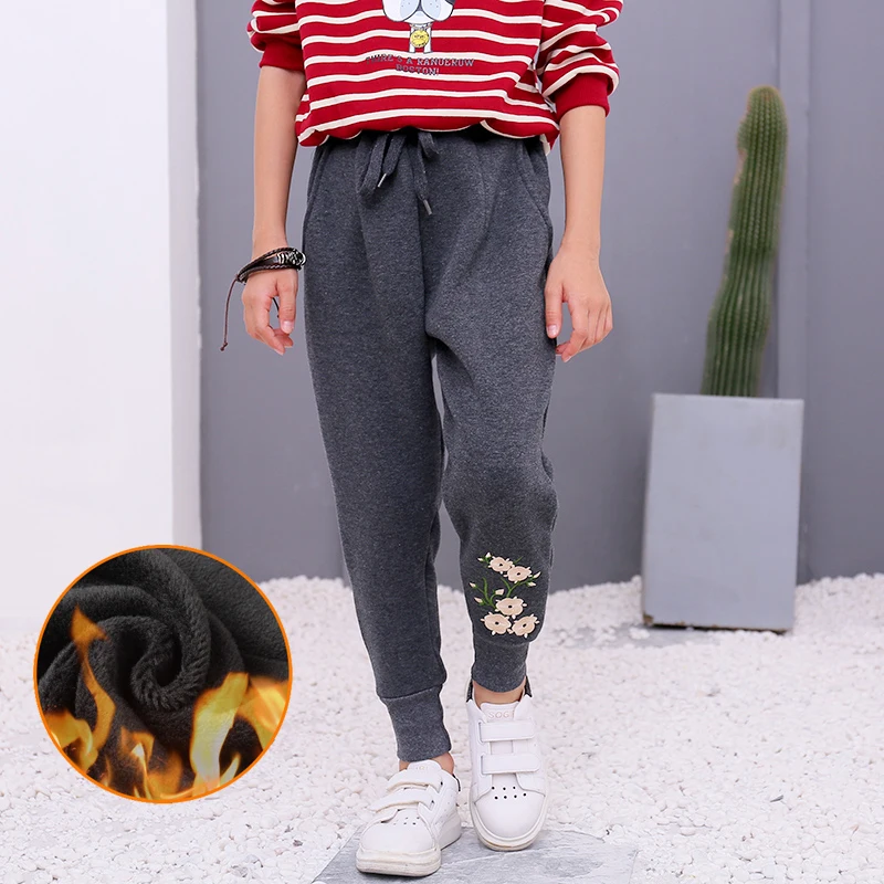Autumn Winter 3D Embroidery Thick Harem Pants For Girls Trousers Child Fashion Warm Fleece Elastic Waist Kids | Детская одежда и