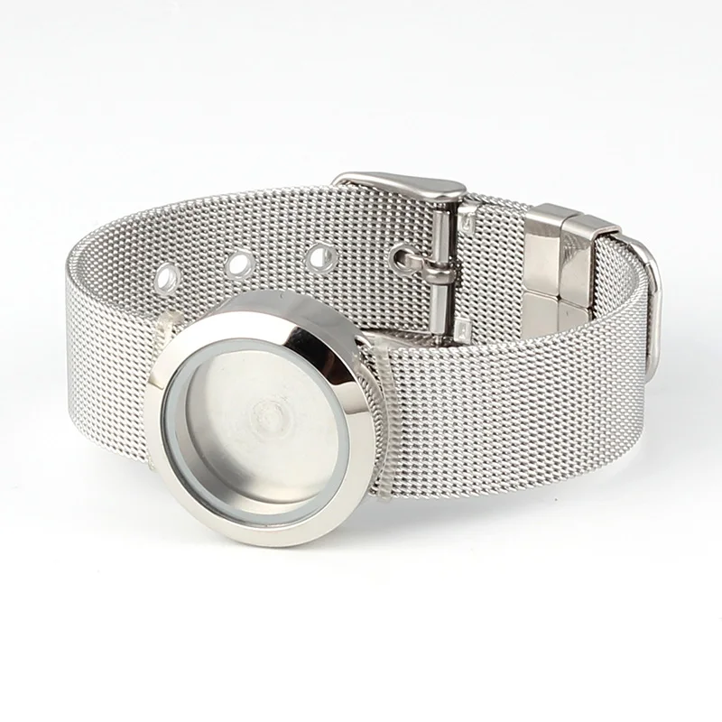316L Stainless Steel Waterproof 25mm/30mm Screw Top Silver Floating Locket Bracelet with Mesh Watchband