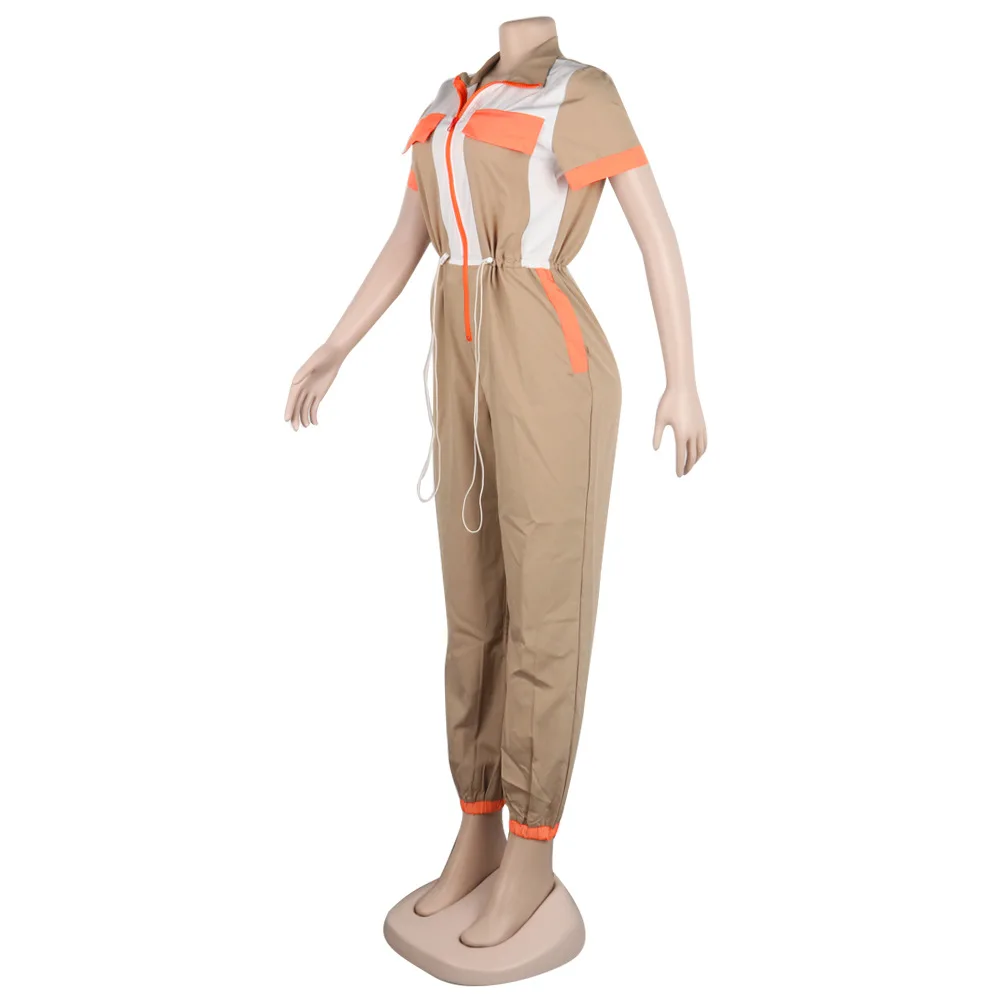 Vintage Patchwork Zipper Female Jumpsuit Casual Short Sleeve Turn-Down Collar Slim Rompers Lace Up Bandage Overalls For Women