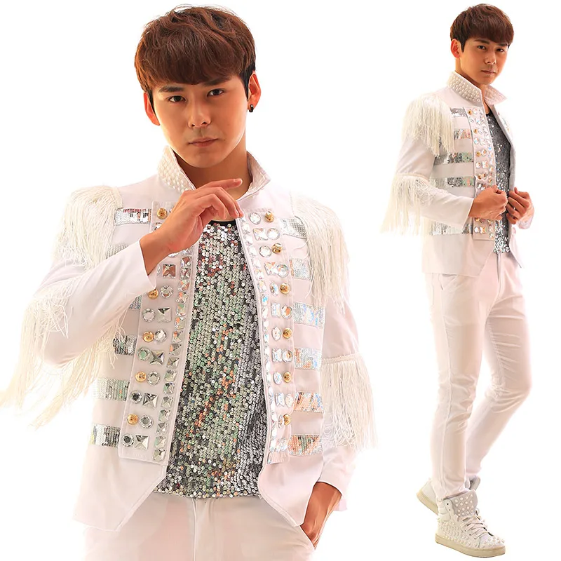 Белые мужские костюмы с кисточками и бриллиантами сценические для певцов
