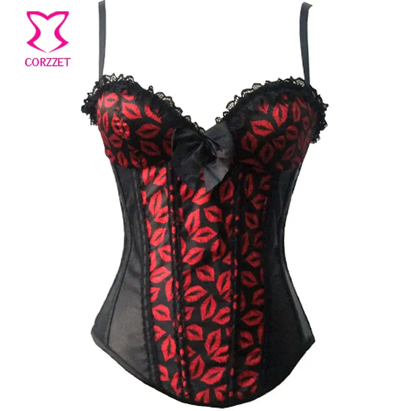 Популярный Рисунок красные губы черные атласные корсеты для талии и бюстье пуш