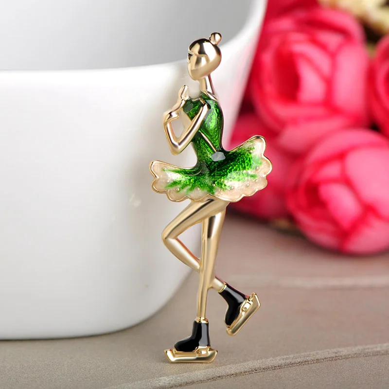 Funmor зеленые эмалированные броши в форме девушки на коньках булавка золотого