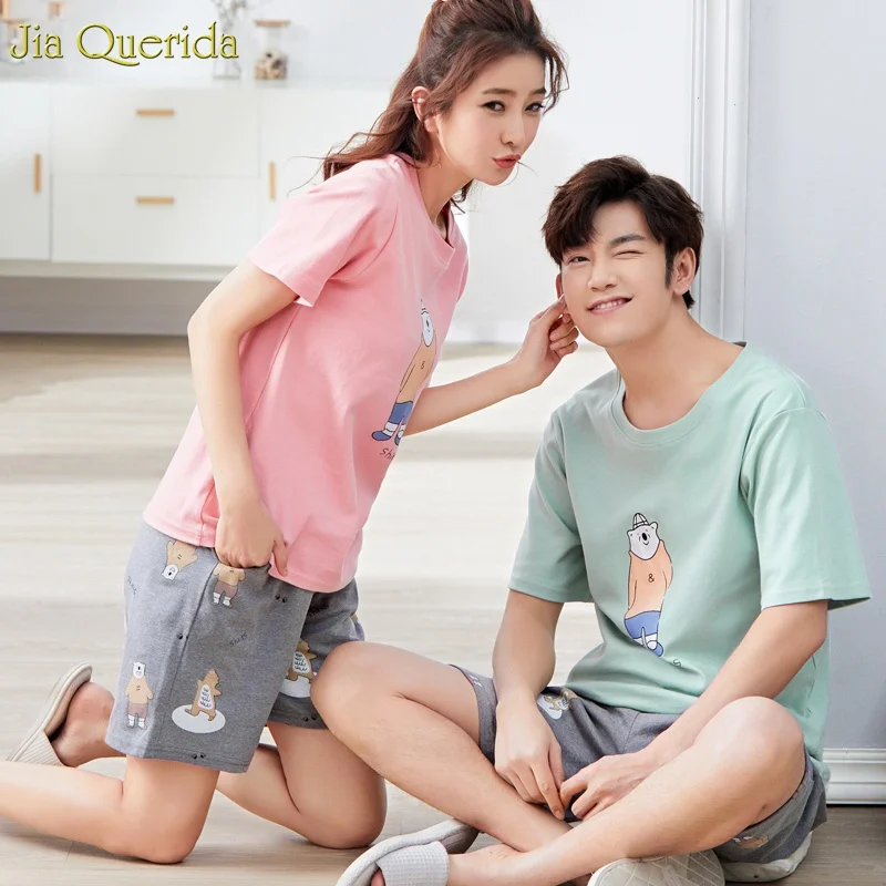 Night Suit Set Pajamas Short Sleeve 2019 New Cotton Womens Sleepwear Shorts Cartoon Print Pink Blue Men Women Couple | Женская одежда