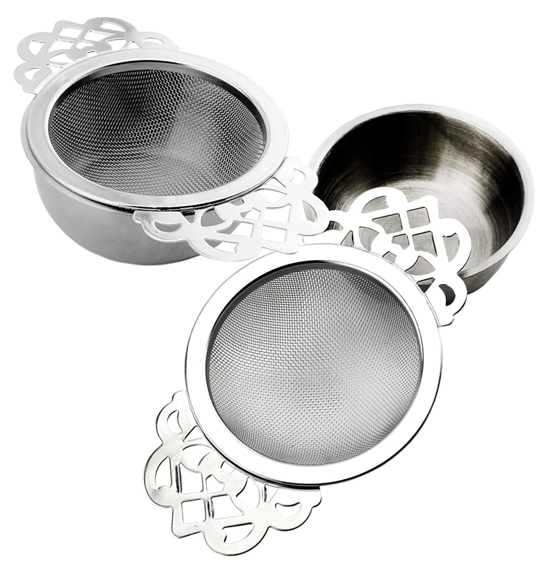 

Tea Strainers with Drip Bowls (2-Pack); Elegant Stainless Steel Loose Leaf Tea Strainers