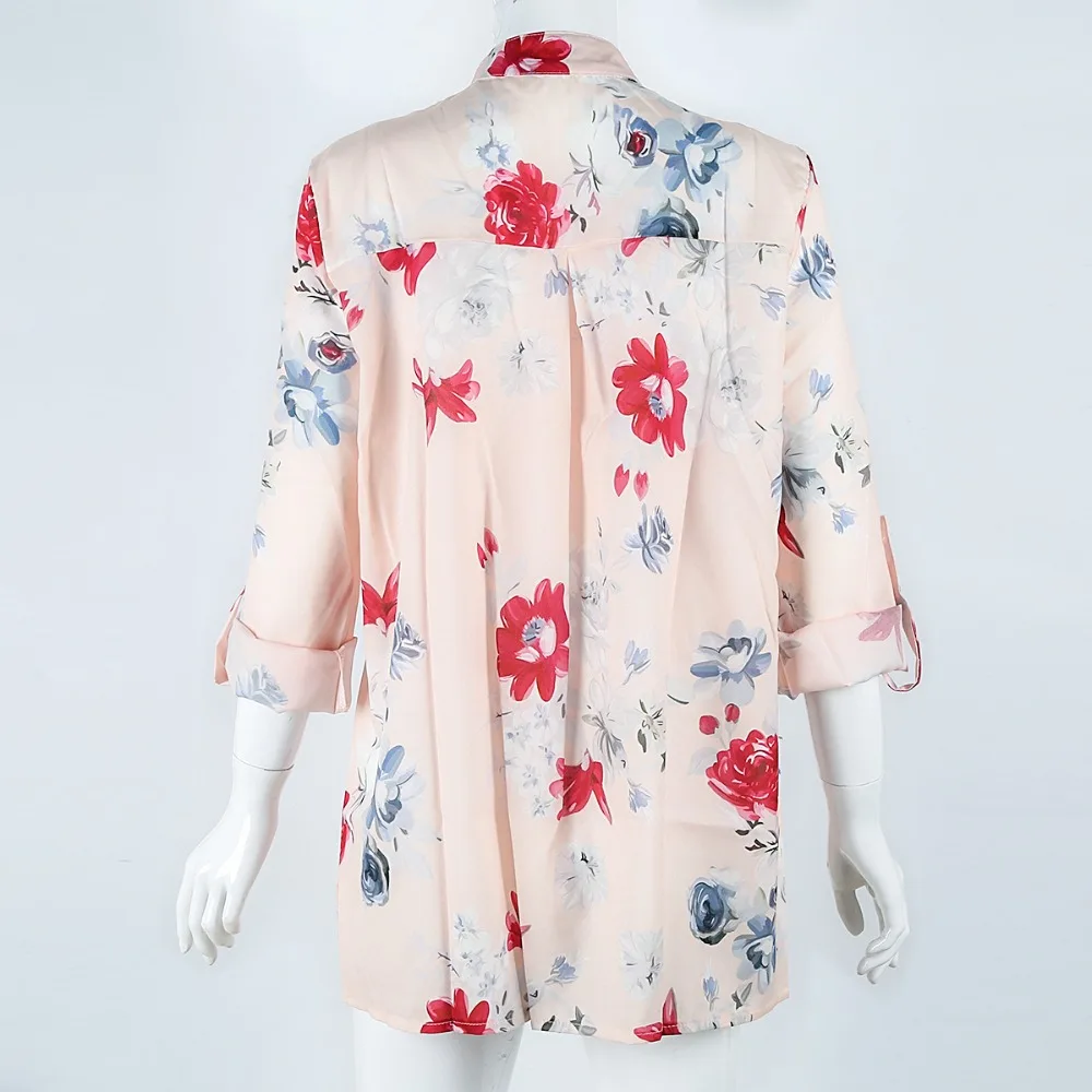 PUSEKY Women Autumn Spring Standing Collar Printed Long Sleeve Chiffon M-5XL |