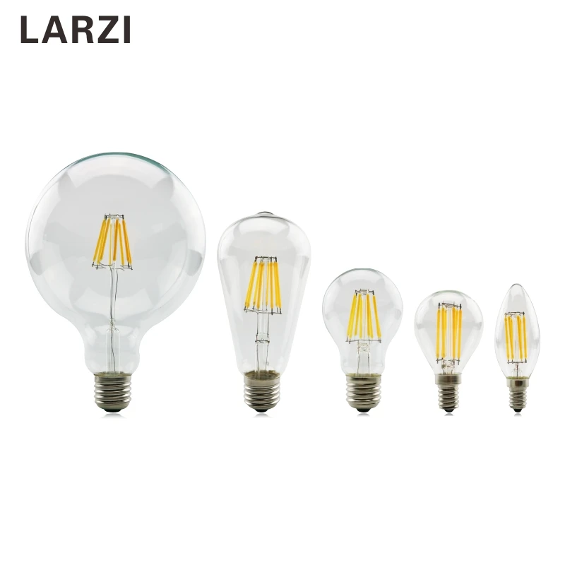 Светодиодная лампа LARZI E27 E14 2 Вт 4 Вт 6 Вт 8 Вт винтажная лампа Эдисона A60 ST64 C35 G95 G125 AC220V светильник из прозрачного стекла с нитью накаливания ретро лампы