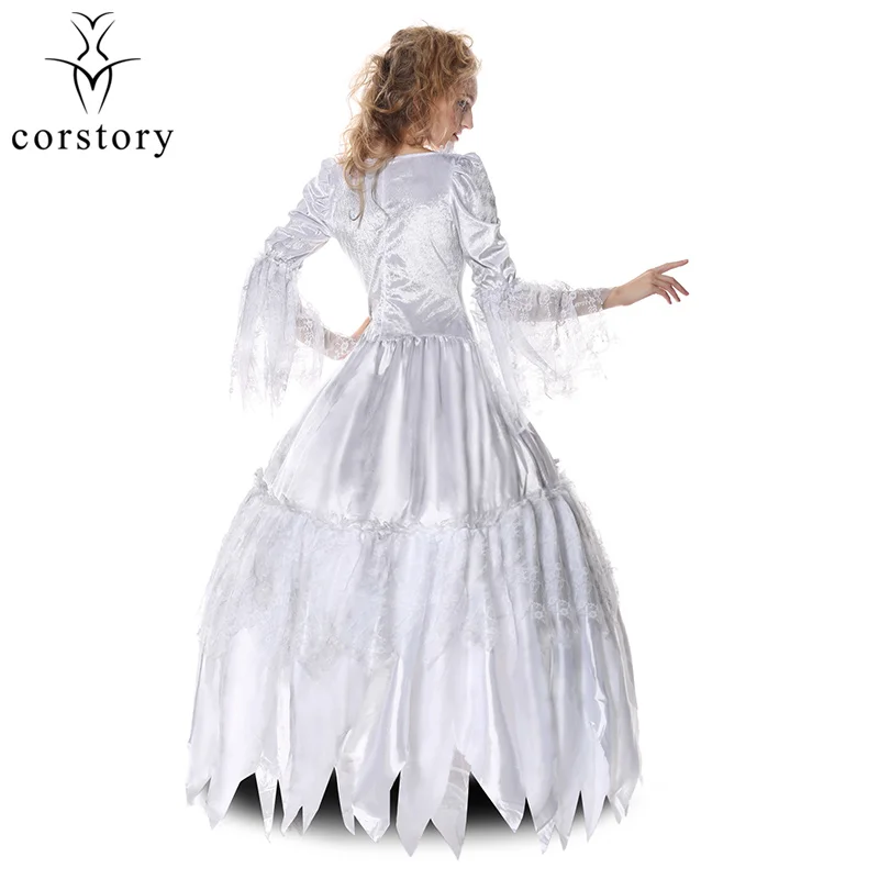 

Corstory White Lace Satin Long Sleeve Women Zombie Bride Costume Halloween Vampire Corpse Countess Victorian Dress