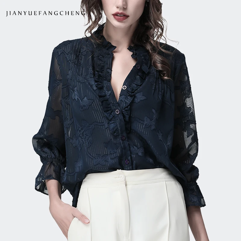 3D цветочный Гофрированные Топы Женская блузка с расклешенными рукавами и