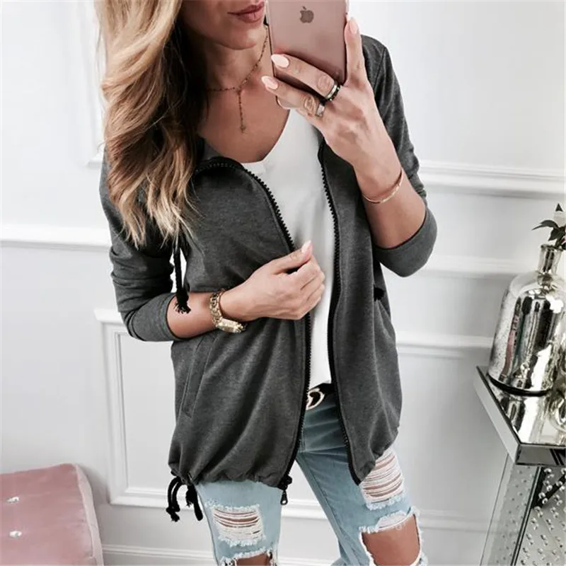 Осенняя Женская толстовка с капюшоном карманом на молнии Повседневная Толстовка