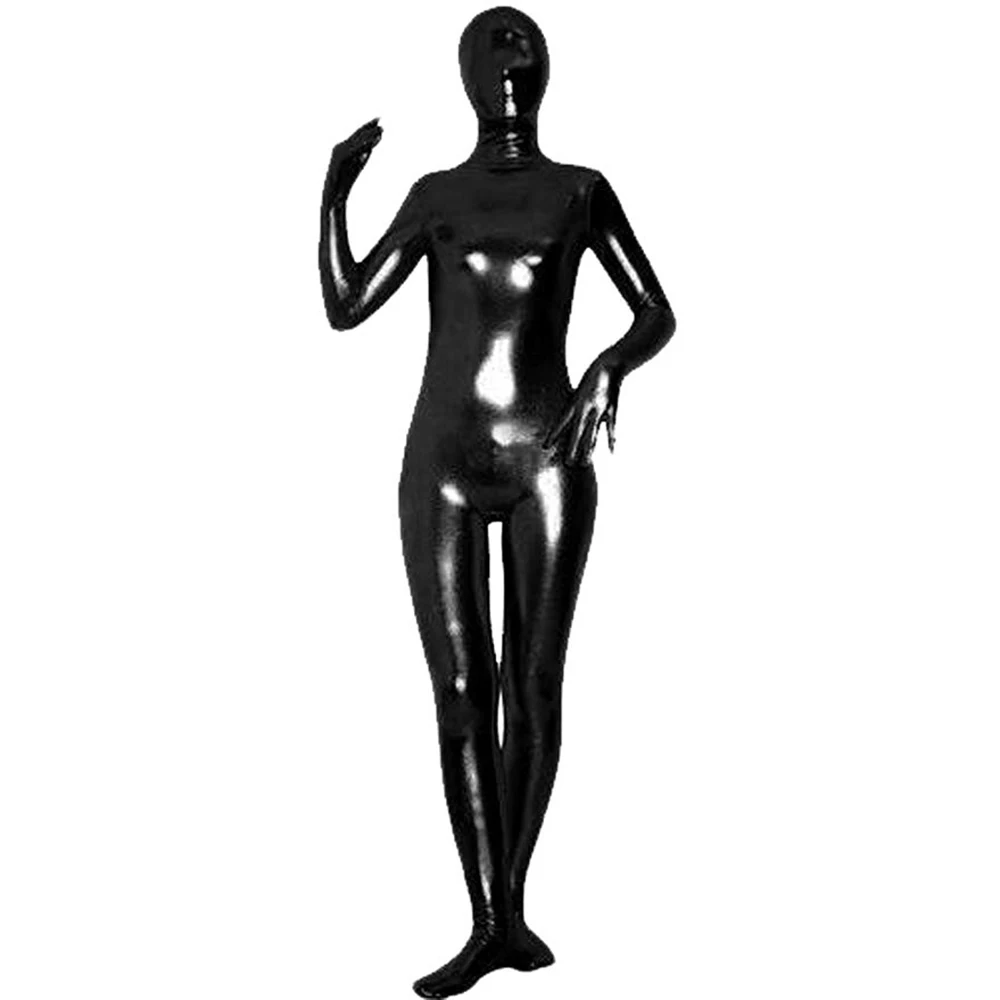 AOYLISEY взрослых полный тело черный Zentai Блестящий металлический комбинезон лайкра