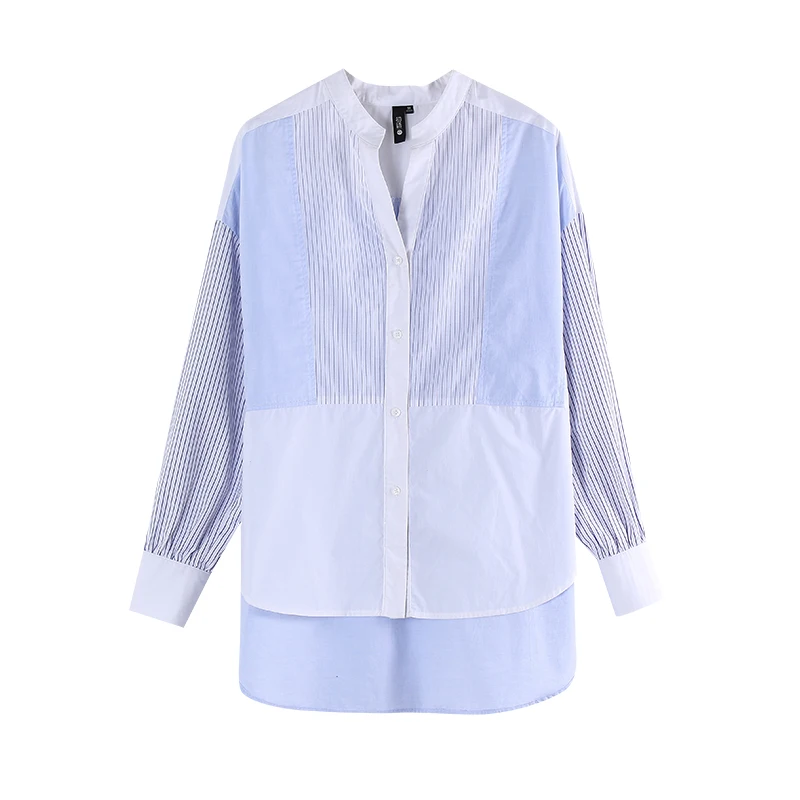 Toyouth Autumn Loose Cotton Blue Striped Blouses Women V Neck Spliced Korean Blusas Casual Office Ladies Tops Camisas Mujer| |