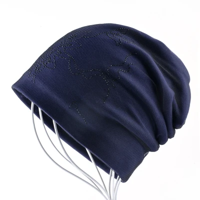 Women's Warm Winter Hat Ladies Elegant Beanies With Mesh Fashion Rhinestone Flower Caps Women Streetwear Skullies Bonnet Touca - Цвет: Blue