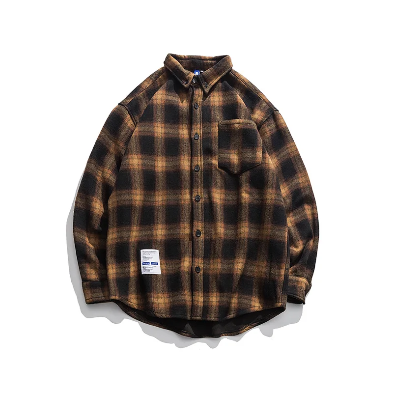 Yellow-Black Plaid Японский стиль, модные брендовые цветные клетчатые плотные флисовые мужские рубашки в стиле хип-хоп, Осенние повседневные винтажные клетчатые мужские рубашки - Цвет: Yellow-Black Plaid