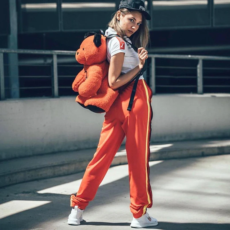 Одежда в стиле хип хоп 2019 женские Костюмные оранжевые брюки с открытыми