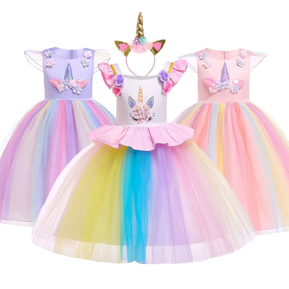 

VOGUEON Rainbow Unicorn Fancy Dress Up for Little Girl Flying Sleeve Unicornio Princess Costume Children Halloween Party Clothes