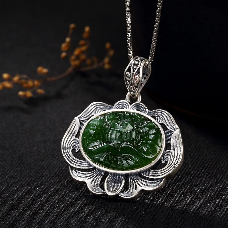 

2018 Time-limited Hot Sale S990 Fine Inlaid Hetian Lotus Restoring Ancient Ways Of High-grade Wholesale Sweater Chain Pendant