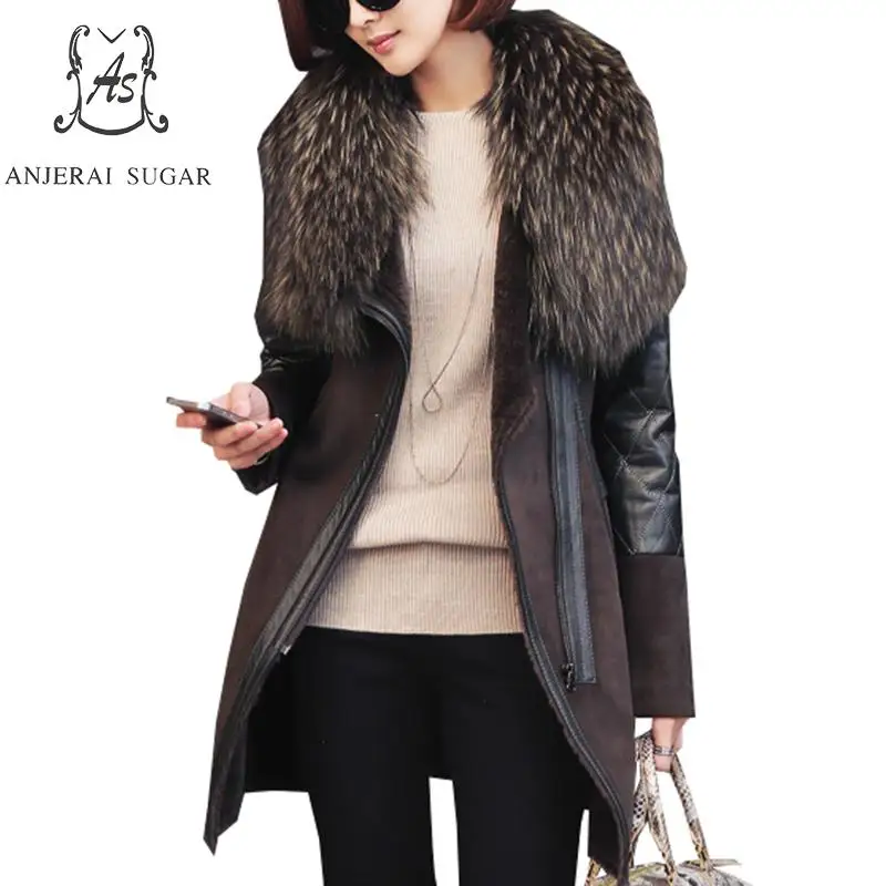 

Зимняя куртка для женщин; детское замшевое пальто; цвет коричневый; воротник с лисьим мехом на молнии; длинные feminino; сохраняющие тепло мехов...