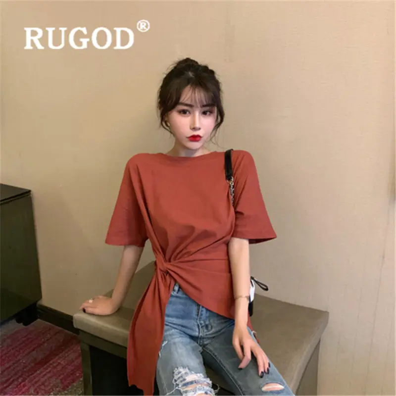 Кораллово-Красный RUGOD Кружевная футболка с бантом Новое поступление Женская Повседневная тонкая футболка с высокой талией Модная хлопковая футболка - Цвет: Кораллово-Красный