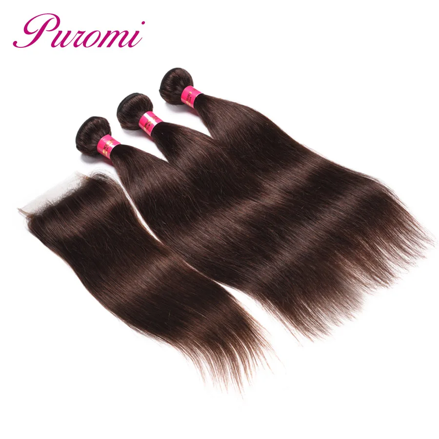 Puromi Indian Straight Hair 3 Bundles with Closure Dark Brown Pure Color #2 100% Human Non-Remy Free Shipping | Шиньоны и парики