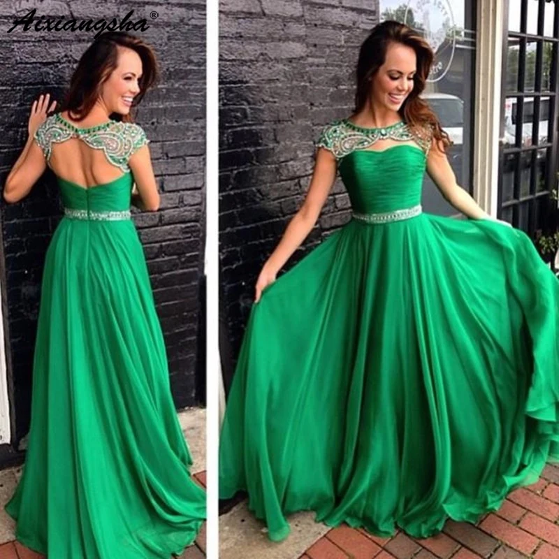 

Green Chiffon Short Sleeve Beaded A-Line Prom Dress Evening Party gown Evening Dress Gown vestido de festa robe de soiree