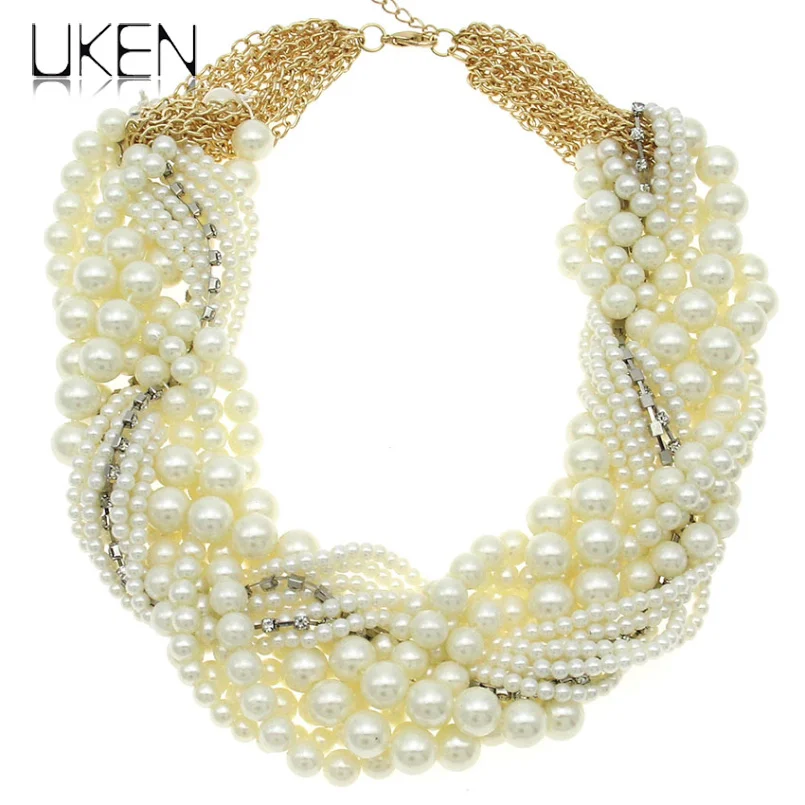 UKEN Ladies Imitation Pearl Necklace Fashion White Beads Rhinestones String Women Collar Chokers Necklaces Statement Jewelry